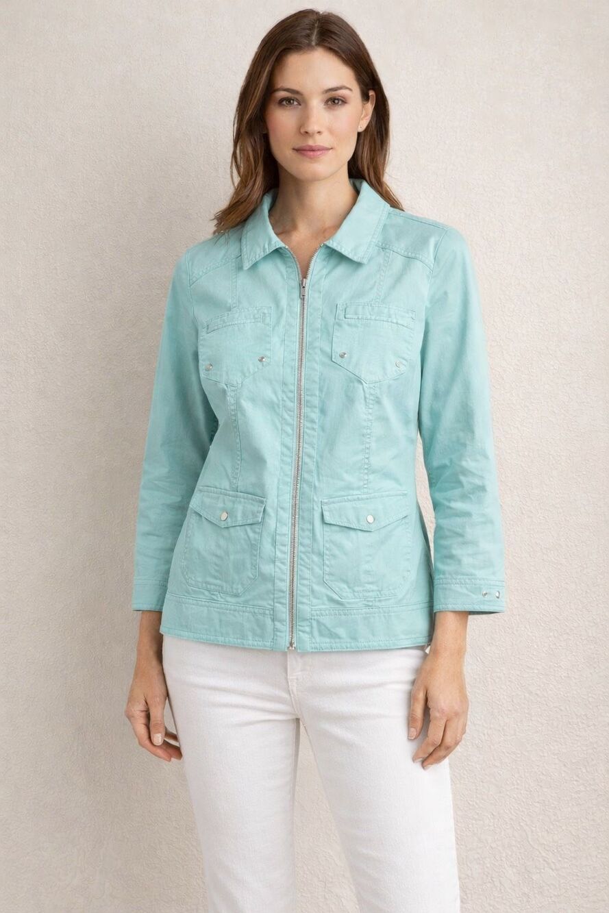 ChicoโsโAqua Utility Jacket Zip Front Stretch Cotton Size 0 Small